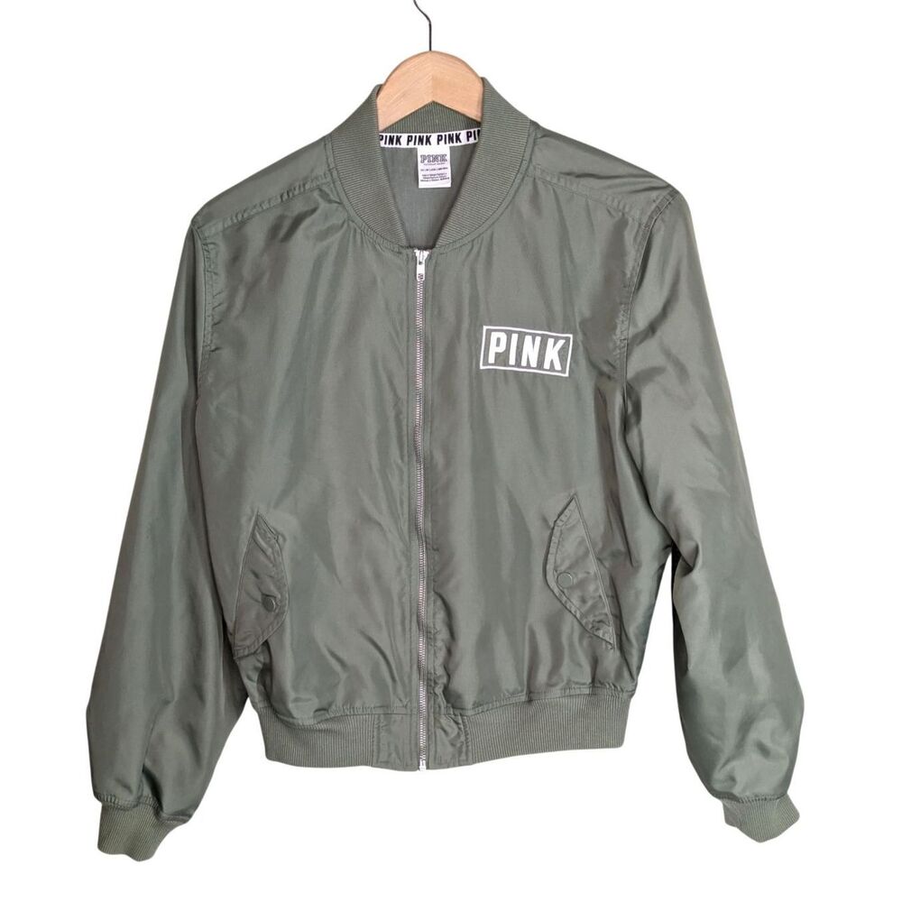Victoria's Secret PINK Full Zip Flight Jacket Sz XS Sage Green White Bomber - Picture 2 of 6